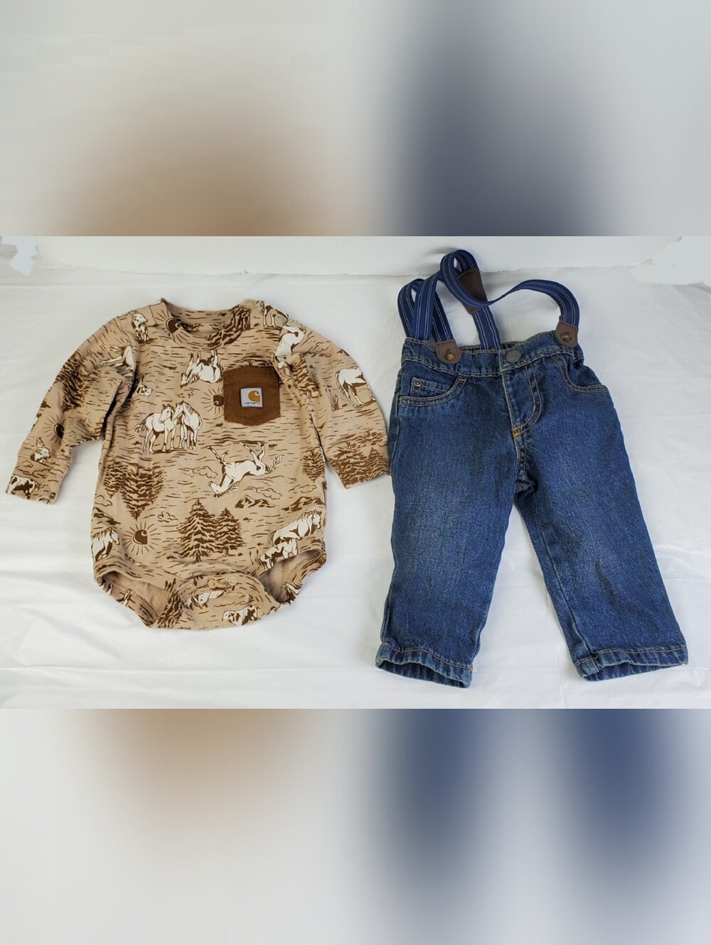 Carhartt Baby Horse Farm Print Pocket Bodysuit & Carters Jeans - Size 6M - EUC